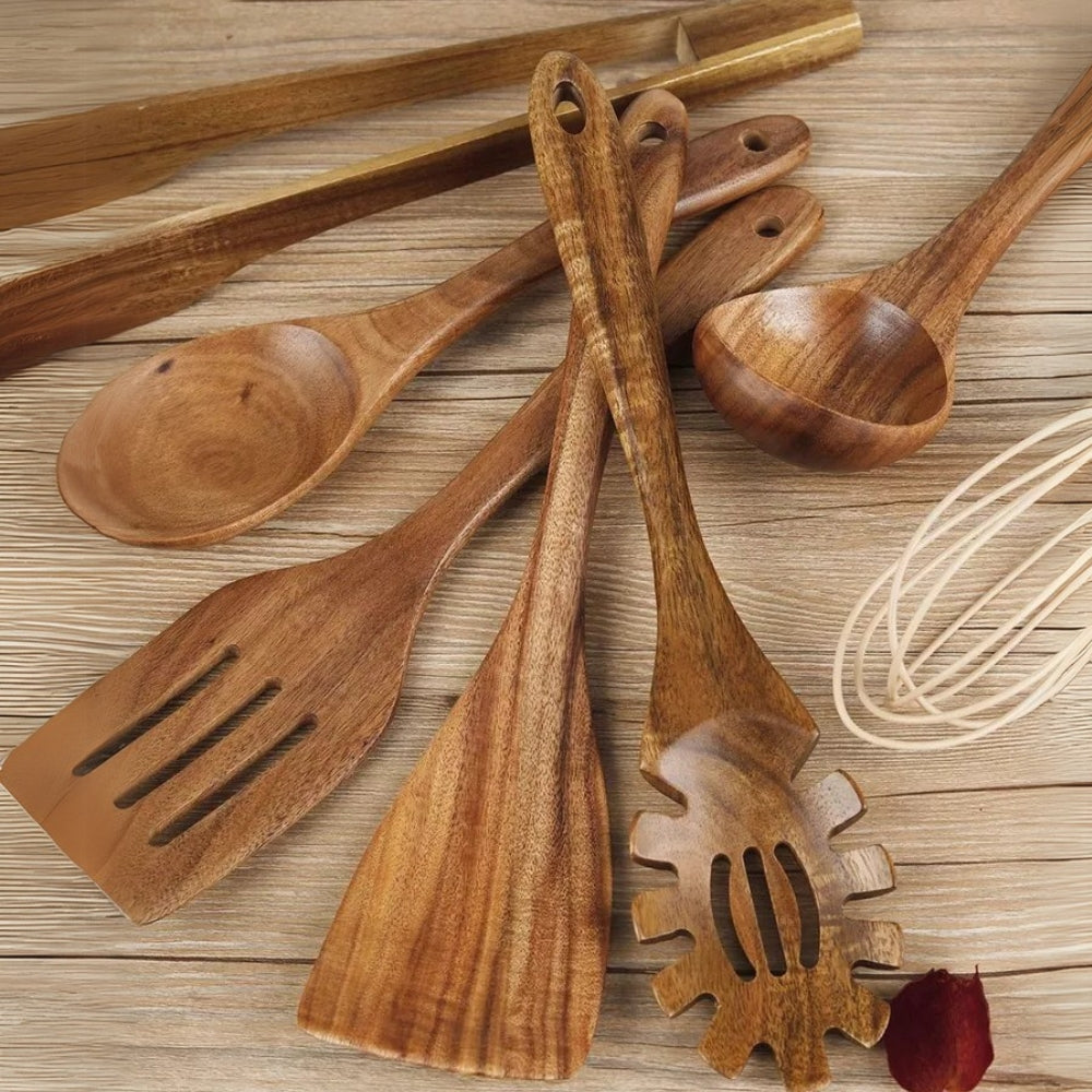 NaturaCraft Eco-Friendly Wooden Utensil Set – Durable 7-Piece Kitchen Cooking Essential