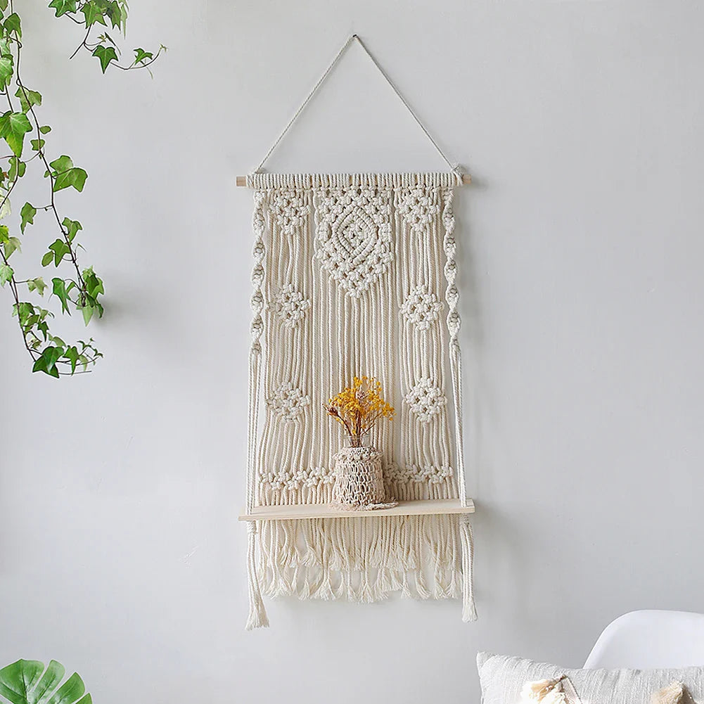 Amora Boho Macrame Wall Shelf for Plants and Home Decor