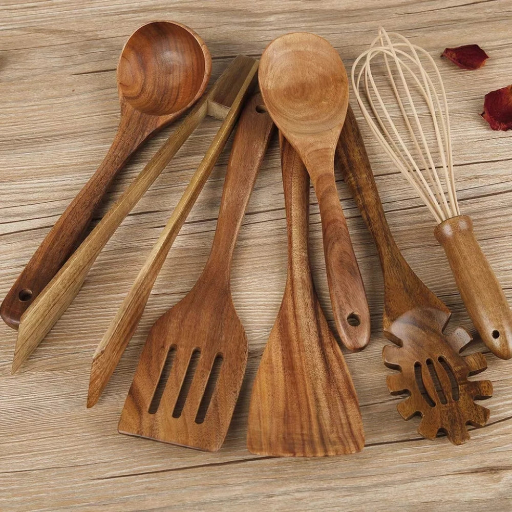 NaturaCraft Eco-Friendly Wooden Utensil Set – Durable 7-Piece Kitchen Cooking Essential