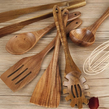 NaturaCraft Eco-Friendly Wooden Utensil Set – Durable 7-Piece Kitchen Cooking Essential