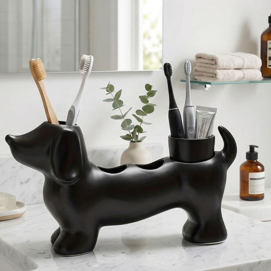 Daxie Black Bathroom Toothbrush Holder – Unique Dachshund Design for Organized Oral Care 0
