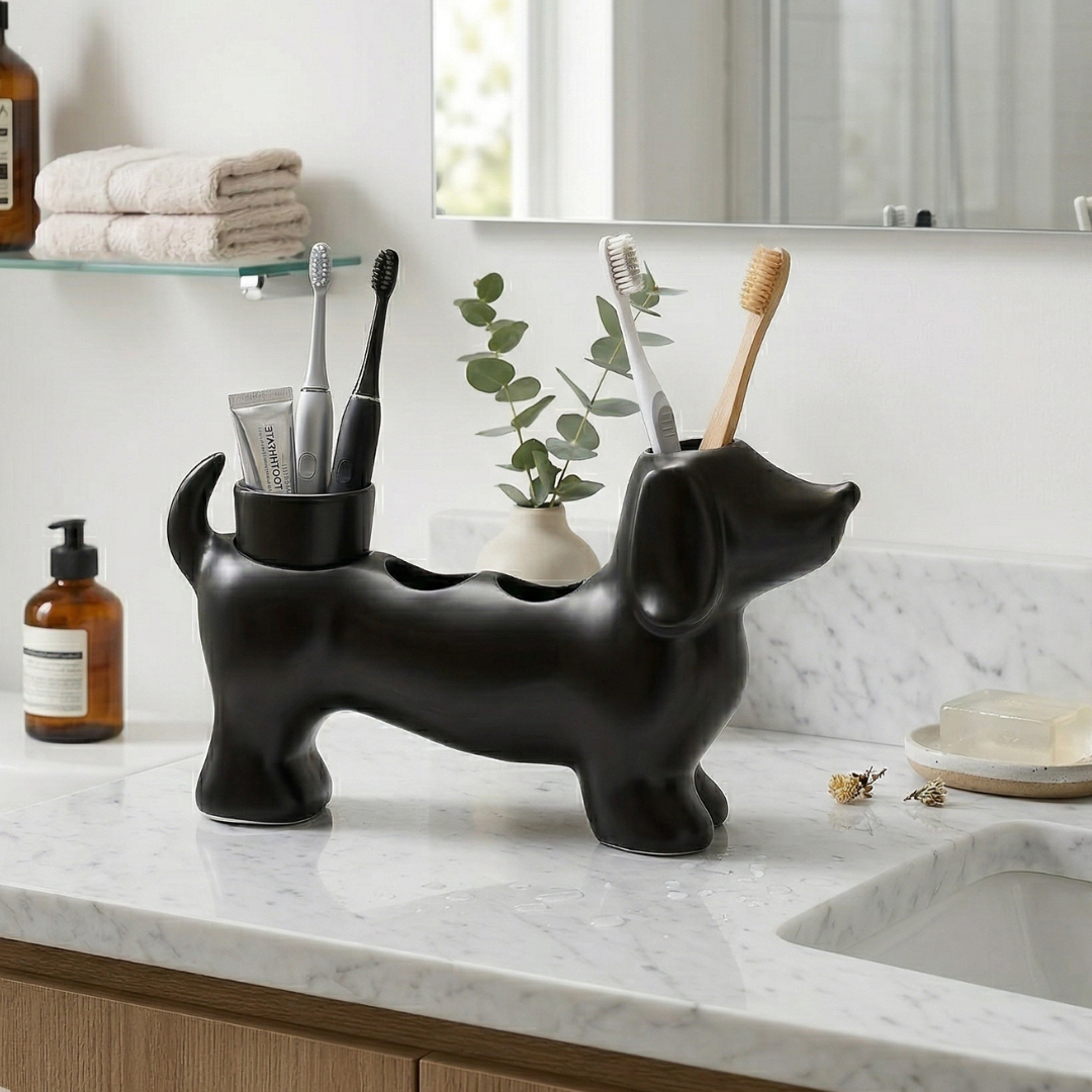 Daxie Black Bathroom Toothbrush Holder – Unique Dachshund Design for Organized Oral Care 2