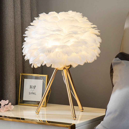 Elicity Modern Bedside Table Lamp – Elegant Globe Feather Shade Cozy Lighting