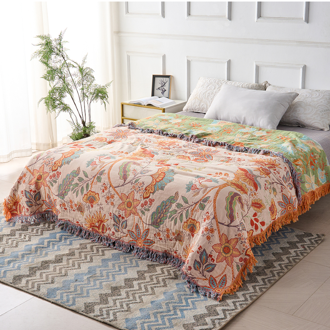 LunaBloom Floral Throw Blanket for Cozy Bohemian Home and Outdoor Comfort