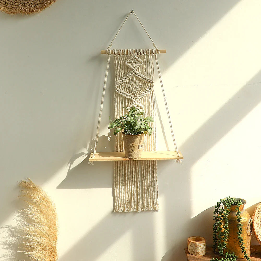 Amora Boho Macrame Wall Shelf for Plants and Home Decor