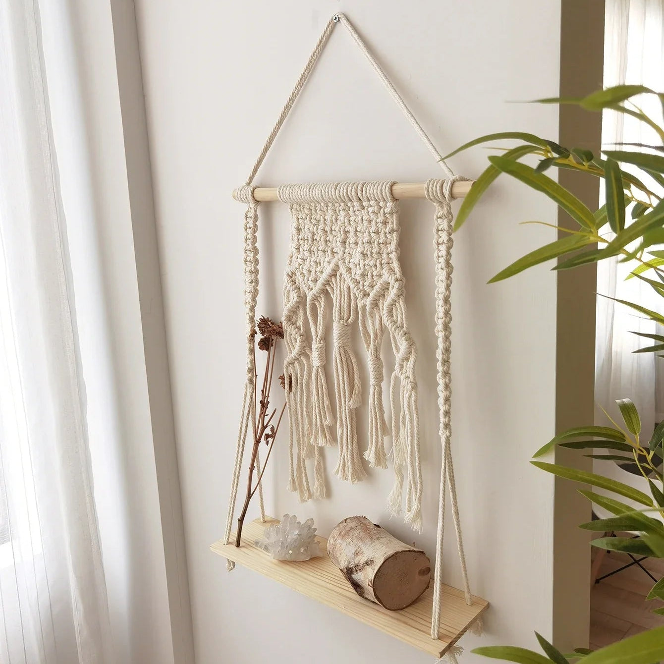 Amora Boho Macrame Wall Shelf for Plants and Home Decor