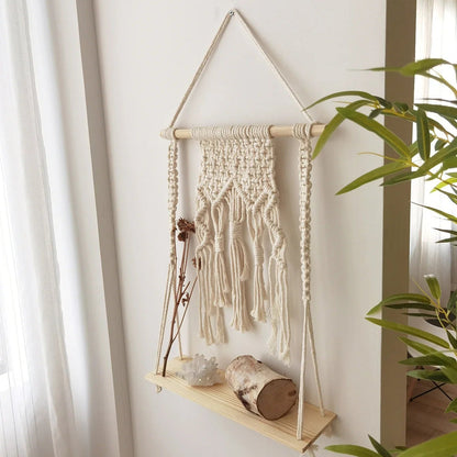 Amora Boho Macrame Wall Shelf for Plants and Home Decor