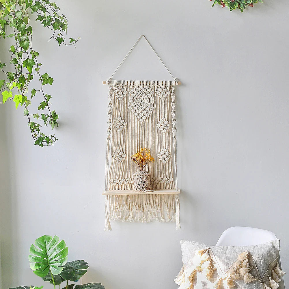 Amora Boho Macrame Wall Shelf for Plants and Home Decor