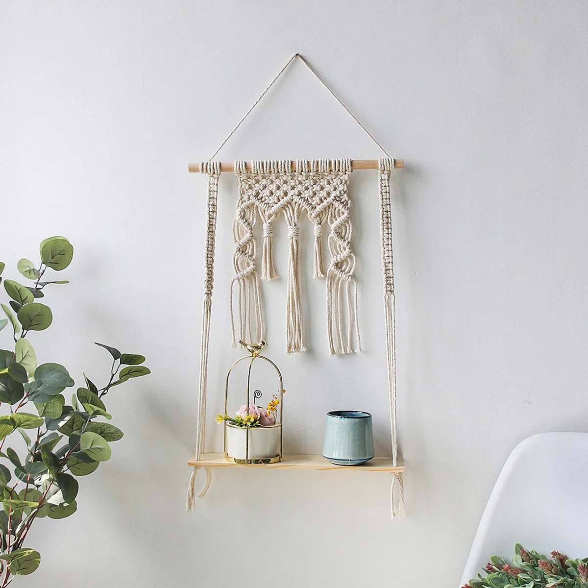 Amora Boho Macrame Wall Shelf for Plants and Home Decor