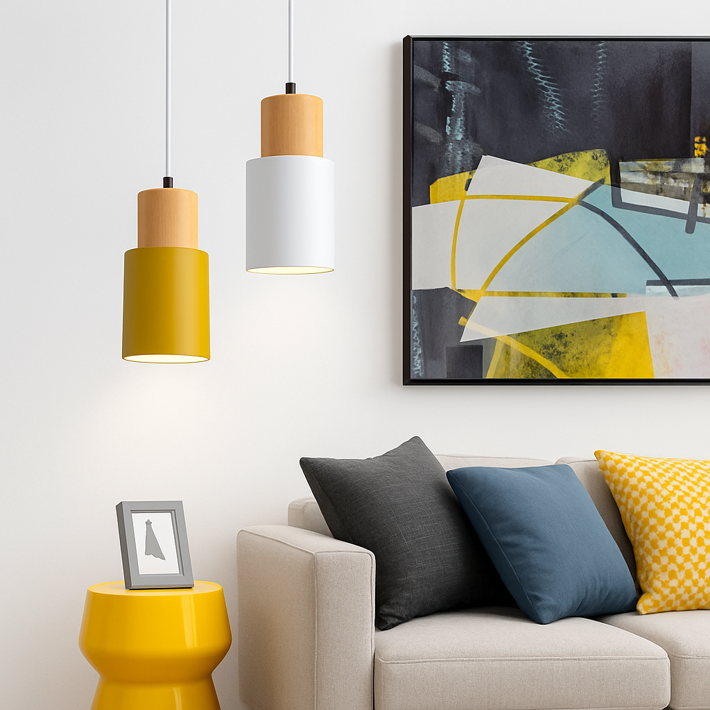 Ravelle Modern Cylindrical Pendant Light with Wood and Metal Finish