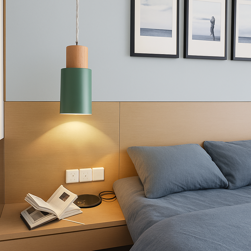 Ravelle Modern Cylindrical Pendant Light with Wood and Metal Finish