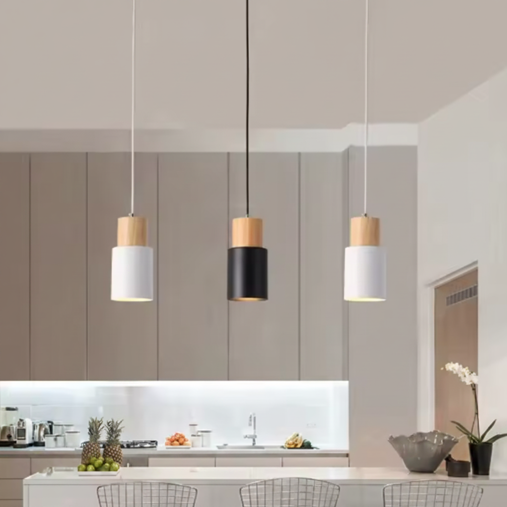 Ravelle Modern Cylindrical Pendant Light with Wood and Metal Finish