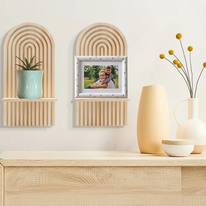 Radiant Boho Wooden Floating Shelf – Unique Sun Rainbow Design for Stylish Decor 1