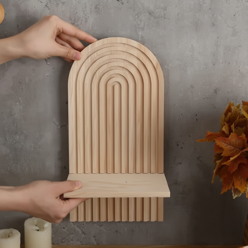 Radiant Boho Wooden Floating Shelf – Unique Sun Rainbow Design for Stylish Decor