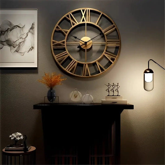 Ardelle Retro Industrial Wall Clock – Gold Roman Numeral Home Decor