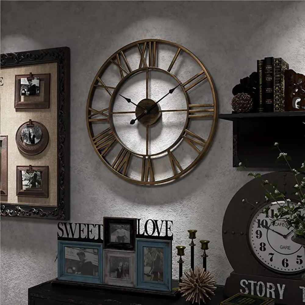 Ardelle Retro Industrial Wall Clock – Gold Roman Numeral Home Decor