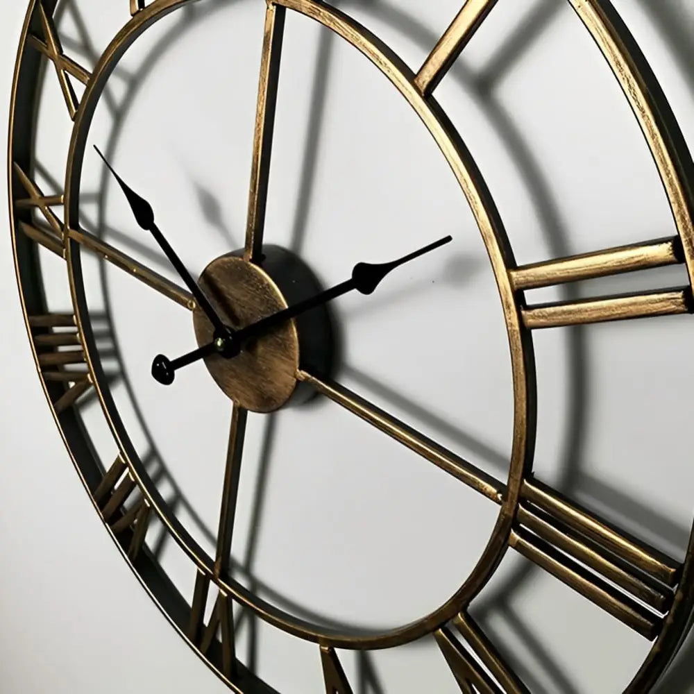 Ardelle Retro Industrial Wall Clock – Gold Roman Numeral Home Decor