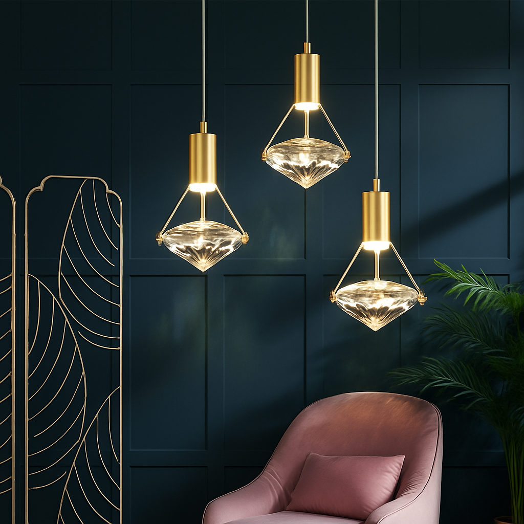 Viresta K9 Crystal LED Pendant Light – Elegant Golden Ceiling Fixture for Interiors