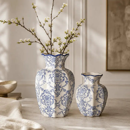 Blue Willow Ceramic Vase Set for Timeless Home Decor
