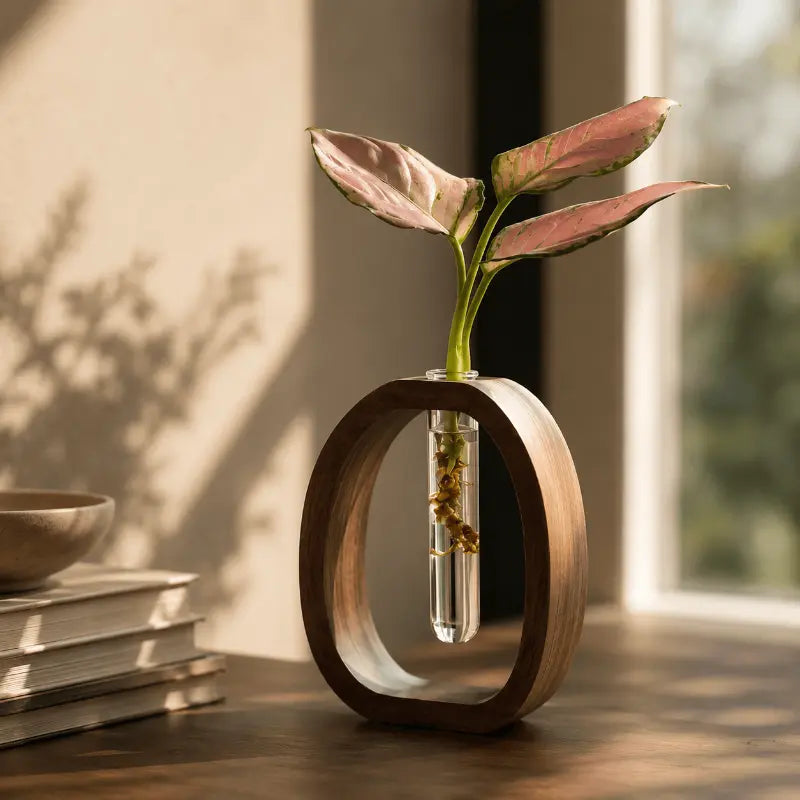 Wexa Decorative Flower Vase – Minimalist Wood and Glass Design for Elegant Interiors
