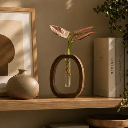 Wexa Decorative Flower Vase – Minimalist Wood and Glass Design for Elegant Interiors