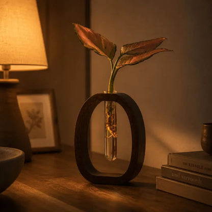 Wexa Decorative Flower Vase – Minimalist Wood and Glass Design for Elegant Interiors